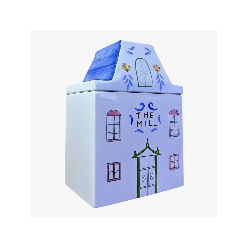 Large Hand Painted The Mill House Ceramic Canister Blue White Cottagecore